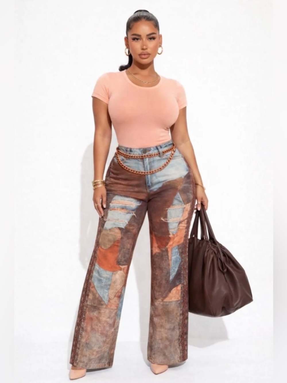 Wide Leg Patchwork Print Jeans - Brown/Multicolor